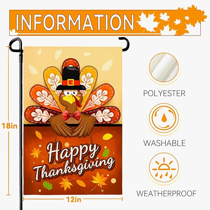Happy Thanksgiving Garden Flag Turkey Thankful Fall Yard Flag Autumn Happy Harvest Garden Flags Double Sided Yard Decorations Holiday Outdoor Flag 12x18 Inch