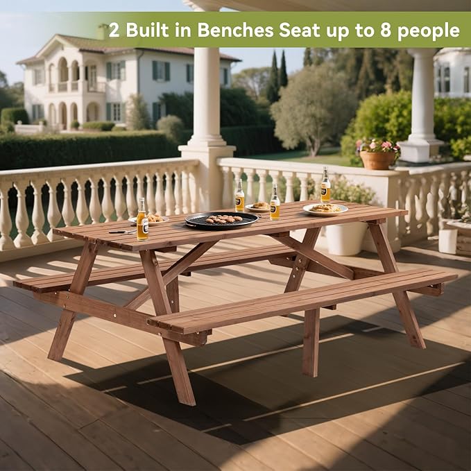 8-Person Wooden Picnic Table with 2 Built-in Benches, 75" L x 50" W Outdoor Dining Table, 2220lb Capacity Includes Umbrella Hole, Perfect for Backyard, Camping, Natural