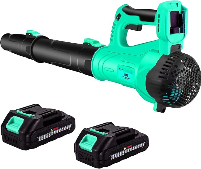 FTOP Leaf Blower Cordless with 2 Batteries and Fast Charger, 6 Speed Mode, 21V Electric Garden Blower for Lawns, Gardens, Yard, Deck, Snow, Leaves Cleaning -Variable Speed (Cyan)