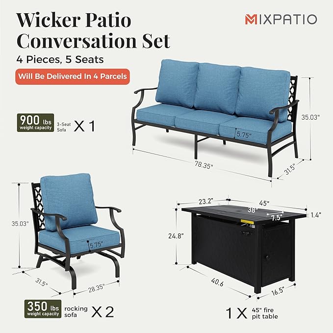 Patio Furniture Set, 4 Pcs Metal Outdoor Conversation Set, 2 Rocking Chairs and 3 Seater Sofa with 5.75" Extra Thick Cushion and Gas Fire Pit Table for Backyard Deck, Navy Blue