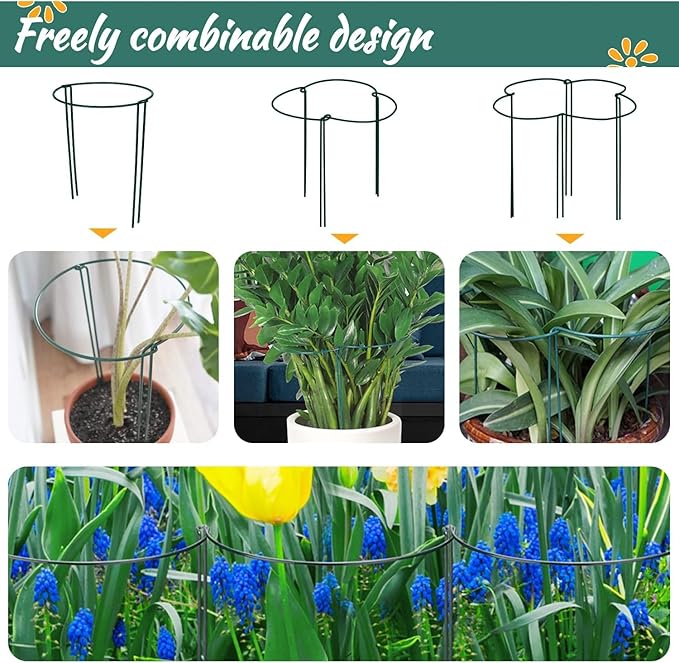 10 Pack Plant Support Stakes, 10" (W) x 16"(H) Half Round Heavy Duty Metal Garden Plant Cages for Outdoor Plants, Rust-Proof Durable Peony Cages and Supports with 10 Plant Clips and 20 Plant Ties