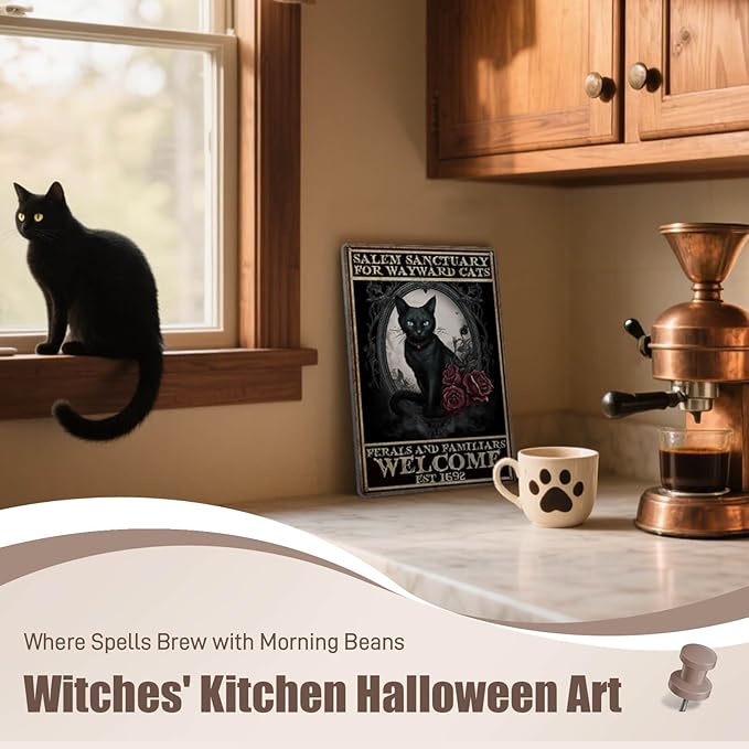 Vintage Halloween Decorations Indoor Black Cat Wall Art Witchy Room Decor Home Bedroom Halloween Decor Black Cat Signs 8x12 Inch