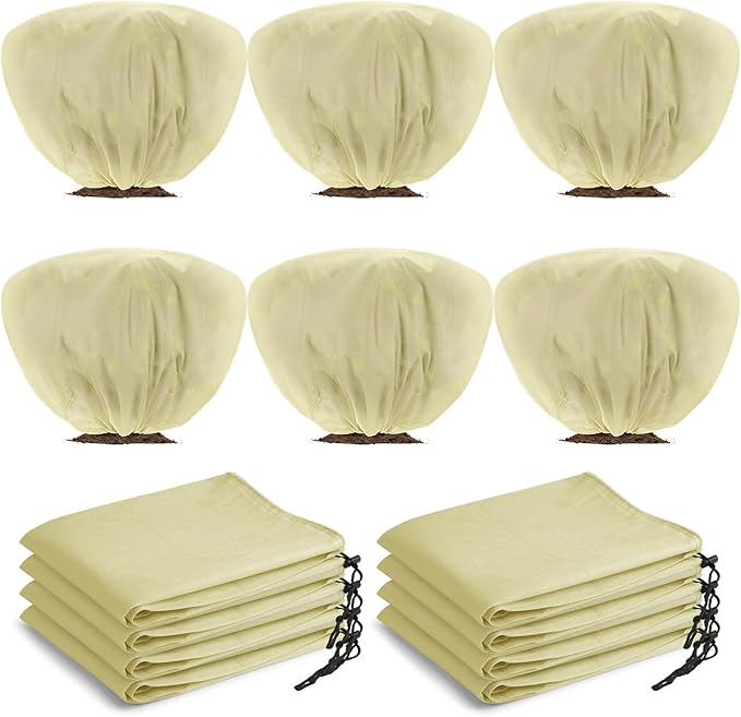 6 Pcs Winter Plant Covers Freeze Protection 39.4x23.6 Inch Horizontal Shrub Tree Rose Plant Protection Bags Frost Blanket with Drawstring for Fall Winter Outdoor Garden Planting (Beige)