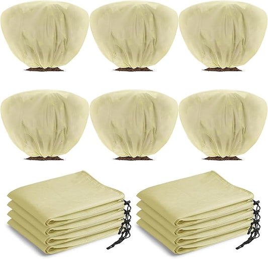6 Pcs Winter Plant Covers Freeze Protection 39.4x23.6 Inch Horizontal Shrub Tree Rose Plant Protection Bags Frost Blanket with Drawstring for Fall Winter Outdoor Garden Planting (Beige)