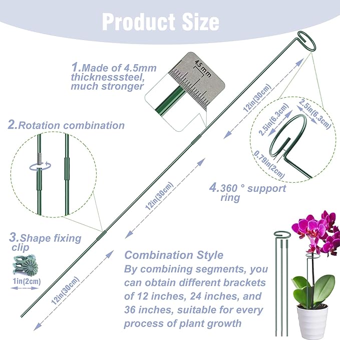 4.5mm Adjustable Length Plant Stake, Assembled (12 or 24 or 36 inch) Outdoor and Indoor Plant Support Poles for Flowers Marigolds Tomatoes Lilies Peonies Roses Daffodils Flower Clips (4 Sets, 16 Pcs)