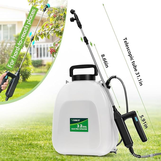 Battery Powered Sprayer 3.2 Gallon, VAXMAY Backpack Sprayer with 5 Mist Nozzles, Electric Garden Sprayer with USB Rechargeable Handle 32" Retractable Wand Portable Weed Sprayer for Lawn, Garden, Yard