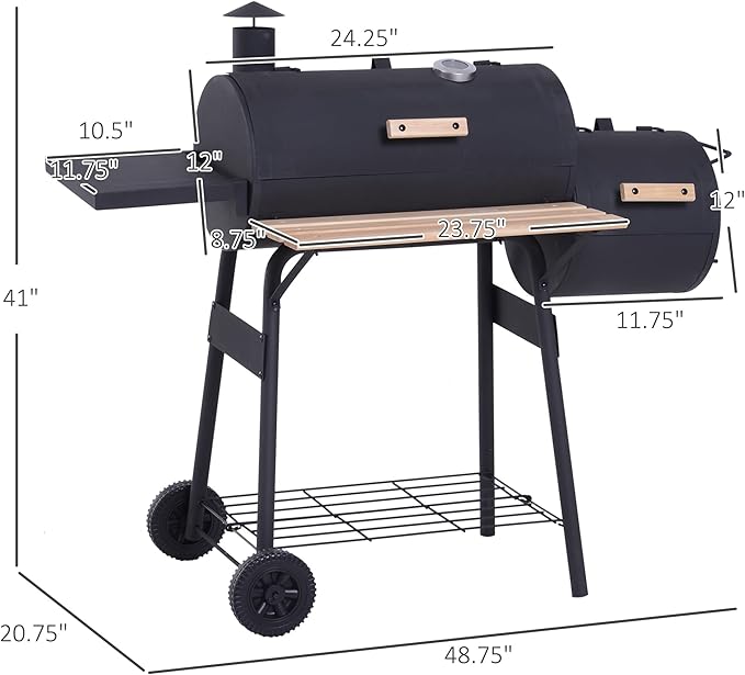 48" Steel Portable Backyard Charcoal BBQ Grill and Offset Smoker Combo with Wheels.