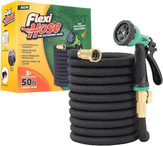 Flexi Hose with 8 Function Nozzle, 50FT - Lightweight Expandable Garden Hose, No-Kink Flexibility, 3/4 Inch Solid Brass Fittings and Double Latex Core