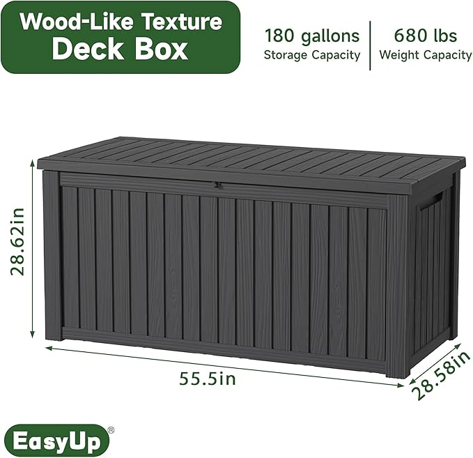 180 Gallon Deck Box,Resin Outdoor Storage Box with Lockable for Patio Furniture, Pool Accessories, Garden Tools Waterproof Outside Storage Box, Black
