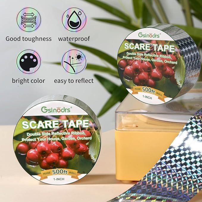 Double-Sided Reflective Bird Scare Tape Ribbon - 500ft x 1in Outdoor Reflective Tape for Gardens, Orchards & Farms - Wind Activated Flash Tape to Scare Bird - No Adhesive, Easy Tie-On Installation
