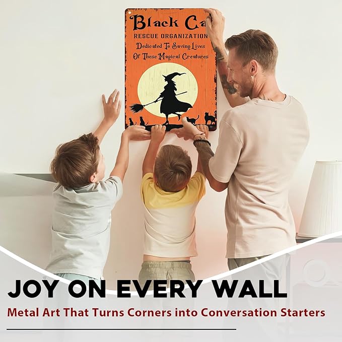 Black Cats Rescue Halloween Decor Vintage Metal Tin Sign Rustic Wall Art Gothic Home Decor Tin Plaque Retro Metal Poster for Bar Cafe 12x16inch