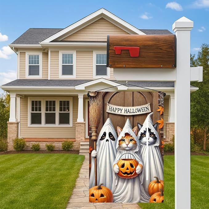 Halloween Pumpkin Witch Cat Garden Flag 12x18 Inch Double Sided Fall Yard Flag