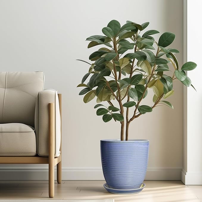 10 Inch Plant Pot - Round Ceramic Planter with Drainage Hole and Plant Saucer Indoor Outdoor for Decoration, Modern Home Garden Office Decor, House Warming Gifts, Blue-Purple