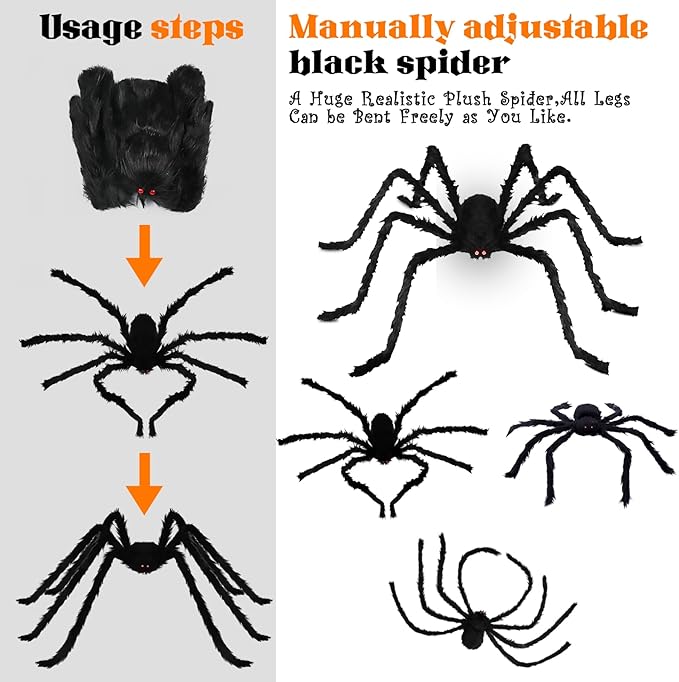 Halloween Giant Spider Decorations: 35/49/79 Inches Large Fake Scary Hairy - 3PCS Huge Plush Toy Props for Indoor Outdoor Creepy Lawn Garden Decor Black