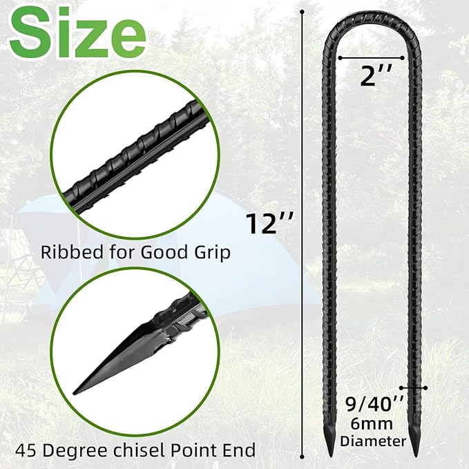 Black Trampoline Stakes Anchors High Wind 12inx6mm Galvanized U Hook 4pcs Rebar Stakes – Heavy Duty Ground Anchors for Trampoline,Yard & Inflatable,Landscape Metal Stakes for Outdoor Decorations