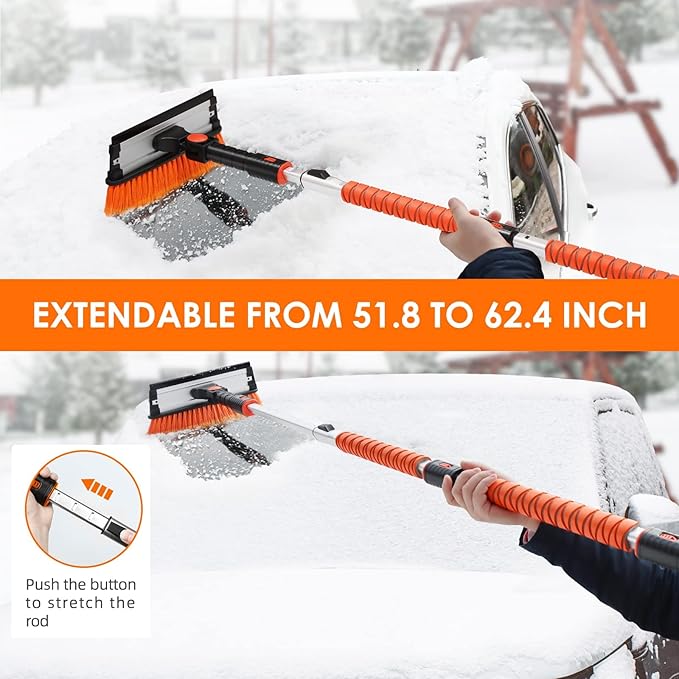 AstroAI 62.4" Ice Scrapers for Car Windshield, 3 in 1 Sturdy Snow Brush with Squeegee, 10 Adjustable Length Settings, Extendable Aluminum Handle, 180° Pivoting Snow Brush for Car, Truck, SUV(Orange)