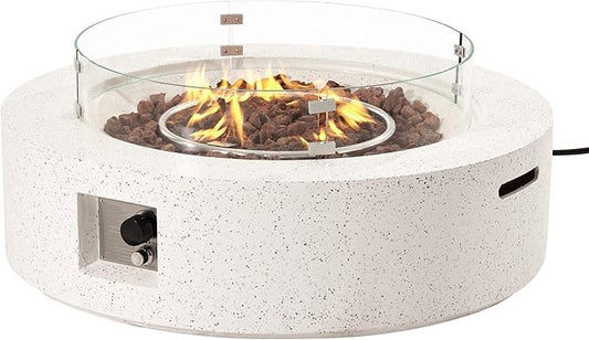 SUNBURY Outdoor 42 Inch Propane Fire Pit Table, Patio Gas Fire Table 50,000 BTU Fire Pit for Outside in Spotted White w Glass Wind Guard, Lava Rocks