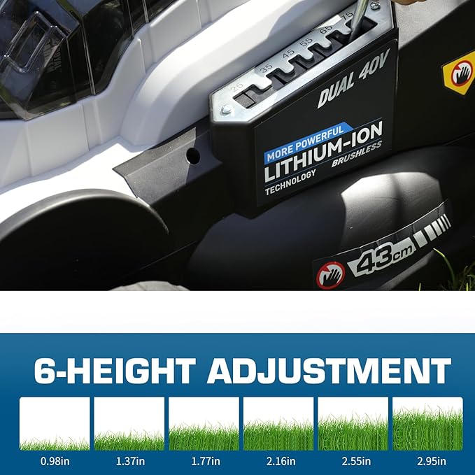 ROYAL GARDEN Electric 40V 17 Inch Cordless Lawn Mower Walk Behind Brushless Push Mower 6-Height Adjust Portable & Lightweight 2 x 20V Batteries and Charger Lawn Mowers Suitable for Garden Small Yards