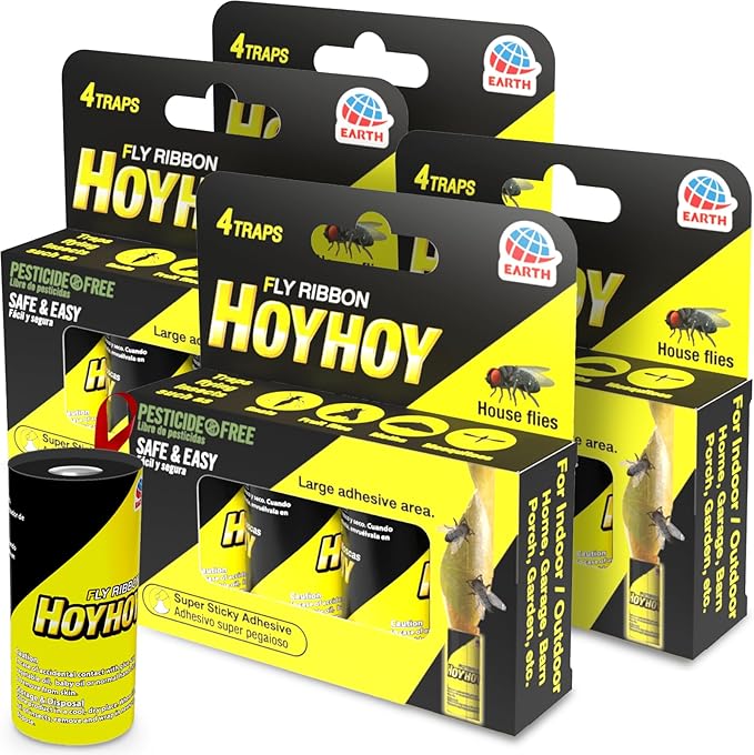 HOY HOY Fly Ribbon 16 Traps (4 Packs) - Multi-Insect Catcher for Home & Garden, Super Sticky, Long Lasting