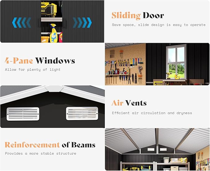 Jocisland 10.6x6.8x6.3 FT Outdoor Storage Shed with Sliding Doors, Two 4-Pane Windows, Open Design Outdoor Shed for Wood Storage, Dark Grey/White