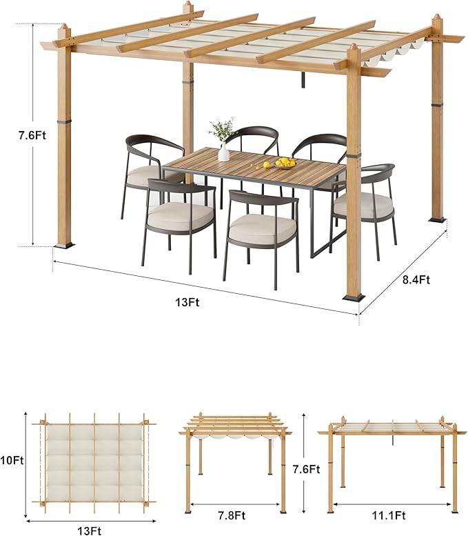10x13 Ft Outdoor Retractable Pergola with Adjustable Roof Modern Metal Patio Gazebo, Upgraded Faux Wood Grain Aluminum Pergola for Deck, Backyard Gardens, Porches, Grapevines, Beige
