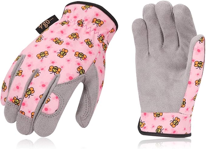 Vgo... 1-Pair Age 4-5 Kids Gardening Gloves,Children Yard Work Gloves,Toddlers,Boys,Girls (Size S, Pink Bee, KID-MF7362)