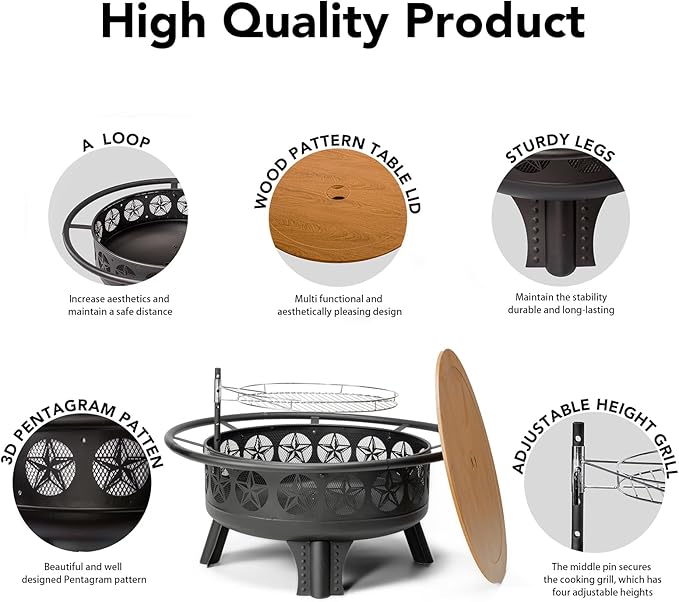 38” Wood Burning Fire Pits for Outside,3-in-1 Fire Pit with Grill, Spark Screen & Fire Poker,Outdoor Firepit Table with Swivel Cooking Grate for Yard BBQ Bonfire Patio Camping (38 inch)