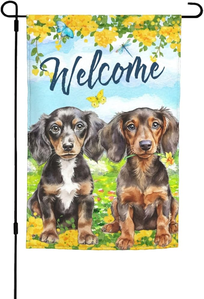 Puppy Lovers Spring Flowers Florals Cute Dachshund Dog Garden Flag Welcome Party Outdoor Outside Decorations Picks Home House Garden Yard Decor 12x18 Inch