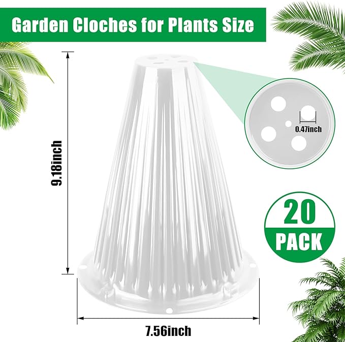 20 Pack Garden Cloches for Plants, Reusable Bell Plant Cover, Plant Covers Protectors from Animals Snails Birds Chickens Insect, 9.18" H X 7.56" D (Clear)