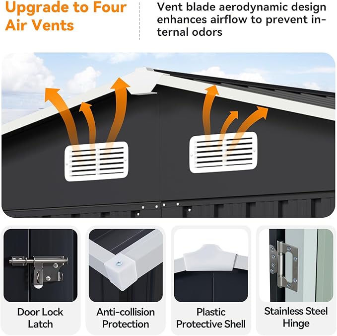 10x8FT Outdoor Storage Shed, Metal Garden Shed with Lockable Double Doors & Sloping Roof, Weather-Resistant Tool Shed for Backyard, Patio, Poolside Black