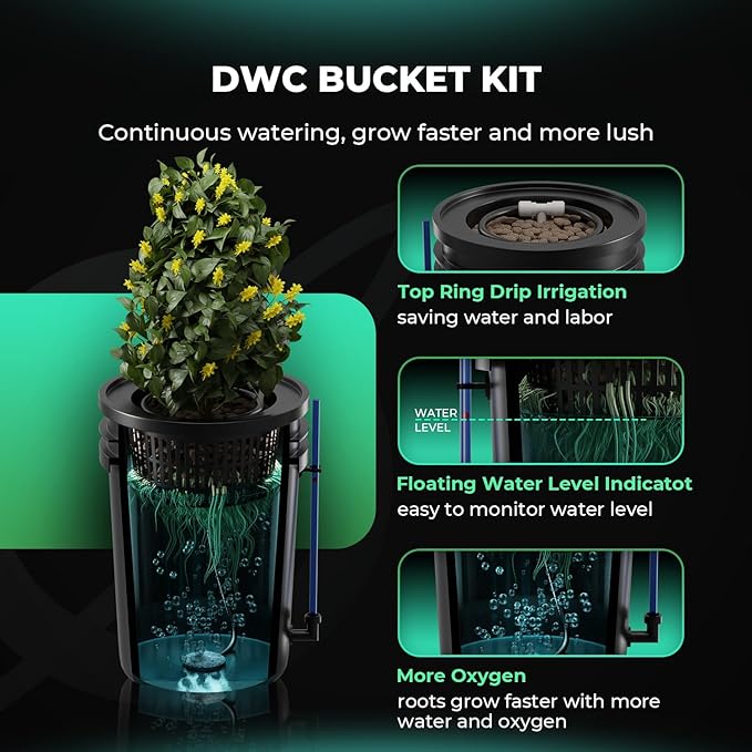 Mars Hydro DWC Hydroponics Grow System 5 Gallon Deep Water Culture with 8W Air Pump, Multi-Purpose Air Hose, Air Stone, 2 Buckets and Top Drip Kit