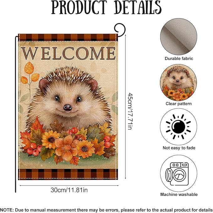Fall Garden Flag 12 x 18 Inch Double Sided Cute Hedgehog Maple Leaves Sunflower Designs Autumn Burlap Yard Flag for Outside Rustic Yard Outdoor Holiday Home Decoration