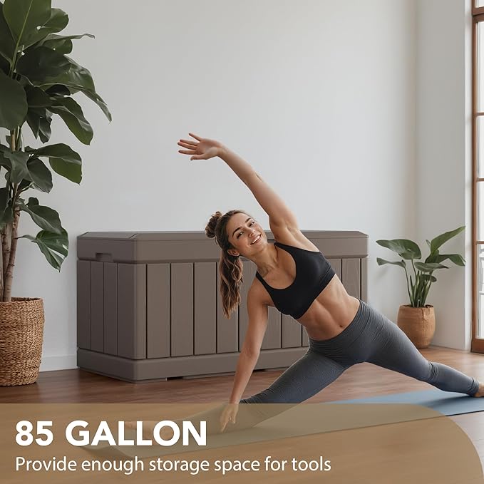 Devoko 85 Gallon Deck Box Lockable Resin Outdoor Storage Box waterproof Outdoor Container for Patio Furniture Cushions, Pillow (Light Brown)