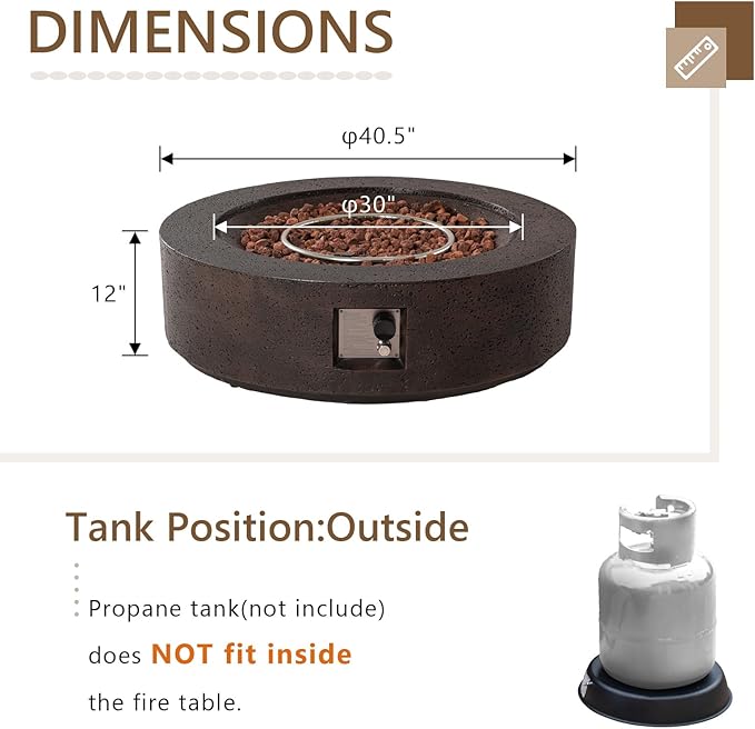 SUNBURY 42in Round Propane Outdoor Fire Pit, Gas Patio Fire Table 50,000 BTU Concrete Travertine Design, CSA Certified, Circular Base Firepit with Lava Rocks, Waterproof Cover (Brown)
