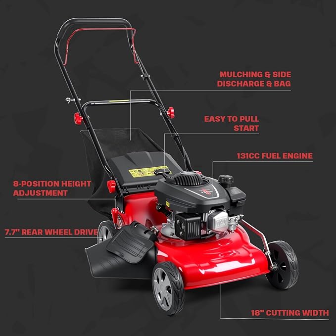 18-Inch 3-in-1 Gas Lawn Mower | Self-Propelled Push Mower with 131cc Engine & 50L Bag for Residential Yards (Red)