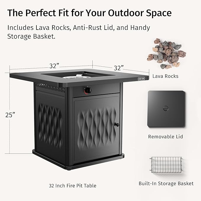 EAST OAK 32'' Propane Fire Pit Table, 50,000 BTU Steel Gas FirePit for Outdoor, Outside Patio Deck and Garden, CSA Certified Fire Table with Magnetic Lid, Cover-Storage Basket and Lava Rock, Black