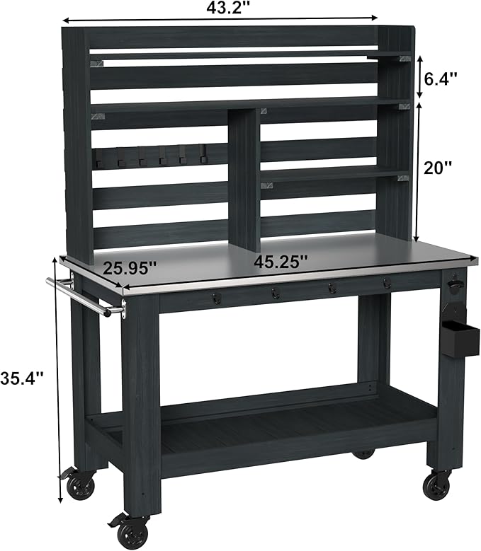 GDLF Potting Bench Table Large Outdoor Kitchen Island Prep Station with Stainless Steel Top Waterproof Cover, Hardwood, 66.9" H