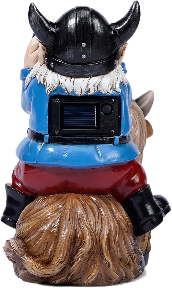 Garden Gnome Statues Resin Gnome Sitting on Highland Cow Solar LED Lights Outdoor Telescope Gnome Decorations