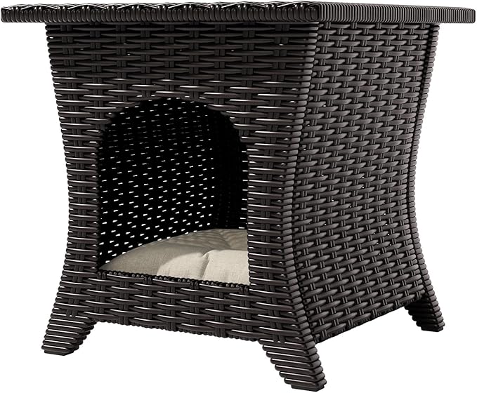 Vista Vibe Patio Wicker Side Table, All-Weather Rattan Furniture, 2 in 1 End Table & Pet Nest for Porch, Sunroom, Garden （Beige）
