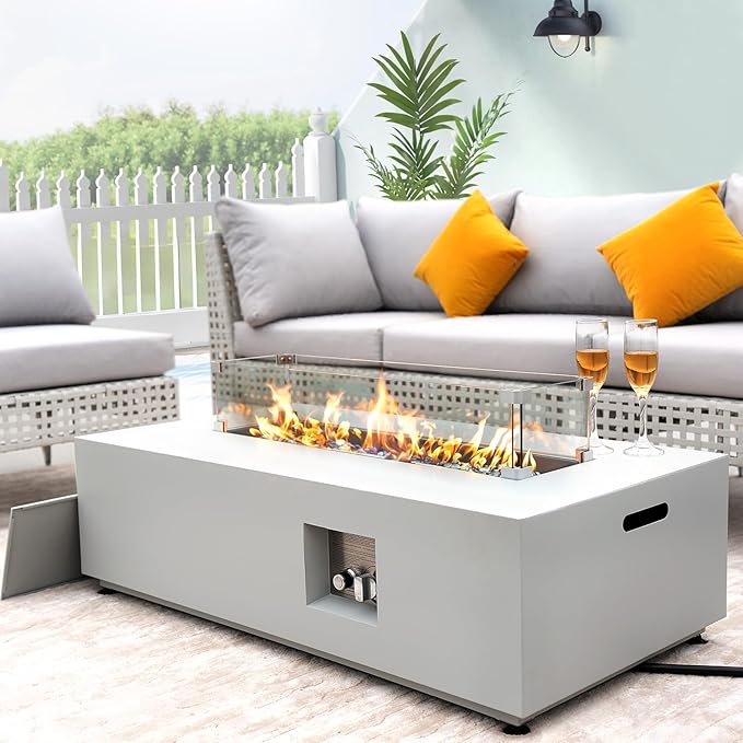 NICESOUL 42'' Outdoor Rectangle Fire Pit Table, Modern Low Profile Patio Firepits with Tank Table, 50,000 BTU Firepit Table for Outside, Exterior, Porch, Backyard or Garden, No Assembly, Grayish white
