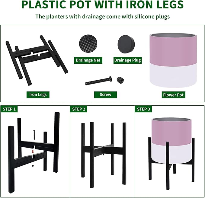 Planter with Stand Set of 2, Modern Plant Pots with Metal Legs Indoor,Flower Pots with Drainage Holes Matching Decorative Garden Pot for Living Room, Office, Garden, or Balcony 10 & 12 Inches