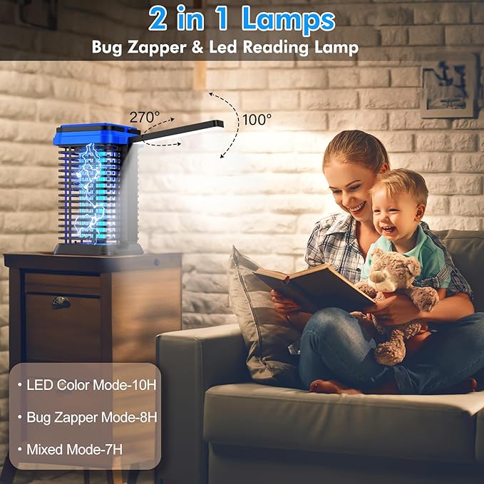 Rechargeable Solar Bug Zapper Outdoor & Indoor Blue, 5000mAh Mosquito Zapper Fruit Fly Trap, Gnat Moths Catcher, 4200V Grid, USB Charging, Fit for Home, Kitchen, Backyard, Camping, Patio