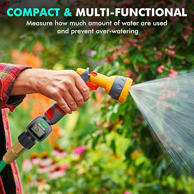 RESTMO Water Flow Meter, High Measure Accuracy, Measure Gallon/Liter Consumption and Flow Rate for Outdoor Garden Hose Watering, RV Water Tank Filling, Lawn Sprinkler and Nozzle Sprayer