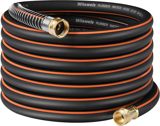 50FT x 5/8" Rubber Garden Hose, Heavy Duty Rubber Garden Water Hose, 300 PSI Working, 1000 PSI Burst, Swivel Handle with Stainless Steel Ring, 5-Layer Braided, All-Weather Outdoor Use