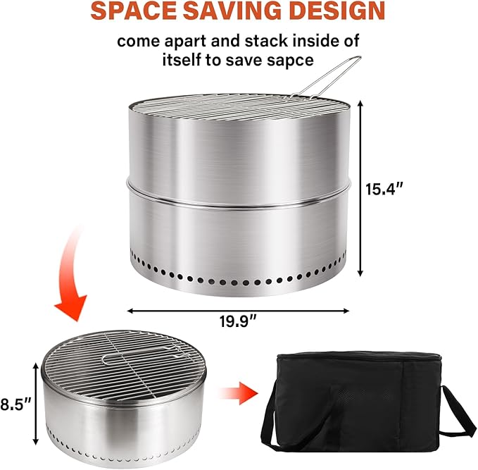 HGD 19.5 Inch Smokeless Firepit with Grill, Portable Wood Burning Fire Pit for Camping & Backyard, Stainless Steel Outdoor Fireplace with Travel Bag, Easy Setup & Compact Storage - Foldable Design