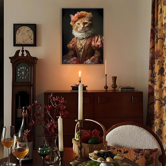 Jatinoo Orange Cat Gothic Wall Art - 11.5x15 inch Framed Canvas Print, Witchy Dark Academia Vintage Home Decor for Halloween, Moody Aesthetic Room Poster for Cat Lovers