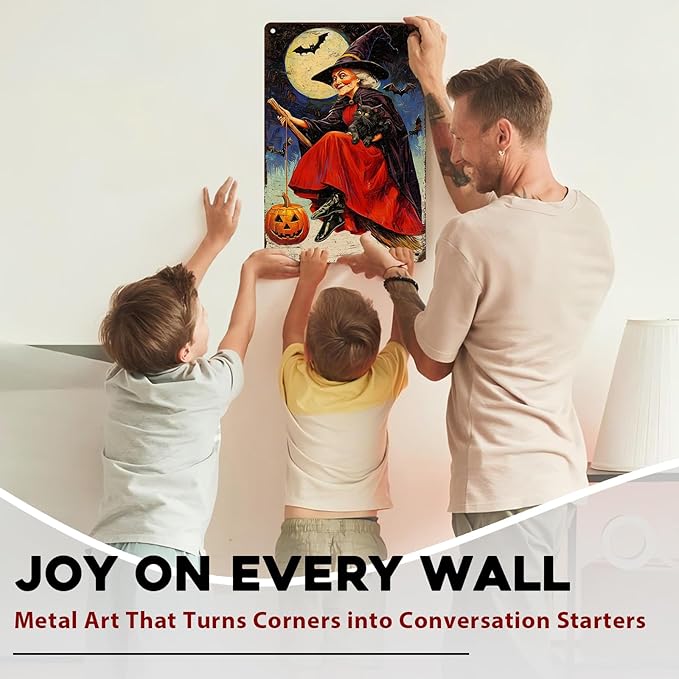 Witch Flying Broom Vintage Sign Halloween Cat Metal Tin Sign Full Moon Bat Pumpkin Poster 8x12inch