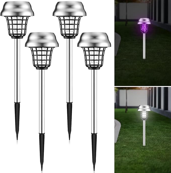 Qualirey 4 Pcs Solar Bug Zapper Outdoor Waterproof Solar Mosquito Zapper Outdoor Solar Powered Mosquito Killer Lamp Mosquito Repellent Lamp for Patio Yard Garden Insect (Purple Light, White Light)