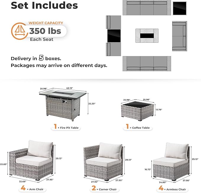 ovios 13 Pieces Patio Furniture Set, Outdoor Wicker Sectional Sofa with 42 Inch Fire Pit Table Comfy Cushions, Modern Modular Deep Seat Rattan Couch Conversation Set, Beige
