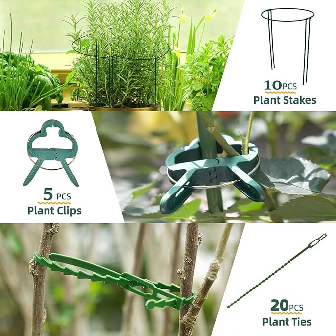 10 Pack Plant Support Stakes, 10" (W) x 16"(H) Half Round Heavy Duty Metal Garden Plant Cages for Outdoor Plants, Rust-Proof Durable Peony Cages and Supports with 10 Plant Clips and 20 Plant Ties